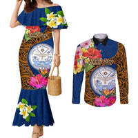 Personalised Marshall Islands Manit Day Couples Matching Mermaid Dress and Long Sleeve Button Shirts Marshall Seal Mix Hibiscus Flower Maori Pattern Style LT03 Blue - Polynesian Pride