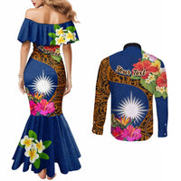 Personalised Marshall Islands Manit Day Couples Matching Mermaid Dress and Long Sleeve Button Shirts Marshall Seal Mix Hibiscus Flower Maori Pattern Style LT03 - Polynesian Pride