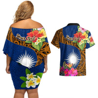 Personalised Marshall Islands Manit Day Couples Matching Off Shoulder Short Dress and Hawaiian Shirt Marshall Seal Mix Hibiscus Flower Maori Pattern Style LT03 - Polynesian Pride