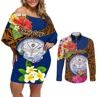 Personalised Marshall Islands Manit Day Couples Matching Off Shoulder Short Dress and Long Sleeve Button Shirts Marshall Seal Mix Hibiscus Flower Maori Pattern Style LT03 Blue - Polynesian Pride