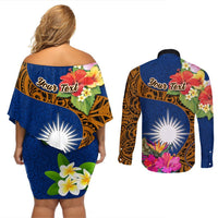 Personalised Marshall Islands Manit Day Couples Matching Off Shoulder Short Dress and Long Sleeve Button Shirts Marshall Seal Mix Hibiscus Flower Maori Pattern Style LT03 - Polynesian Pride