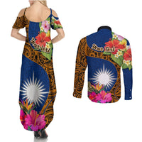 Personalised Marshall Islands Manit Day Couples Matching Summer Maxi Dress and Long Sleeve Button Shirts Marshall Seal Mix Hibiscus Flower Maori Pattern Style LT03 - Polynesian Pride