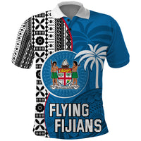 Fiji Rugby Polo Shirt Coat of Arms Palm Tree Mix Polynesia Tapa Pattern LT03 Blue - Polynesian Pride