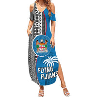 Fiji Rugby Summer Maxi Dress Coat of Arms Palm Tree Mix Polynesia Tapa Pattern LT03 Women Blue - Polynesian Pride