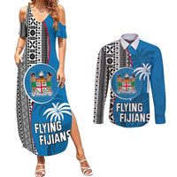 Custom Fiji Rugby Couples Matching Summer Maxi Dress and Long Sleeve Button Shirts Coat of Arms Palm Tree Mix Polynesia Tapa Pattern LT03 Blue - Polynesian Pride