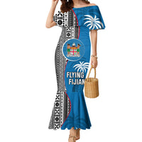 Custom Fiji Rugby Mermaid Dress Coat of Arms Palm Tree Mix Polynesia Tapa Pattern LT03 Women Blue - Polynesian Pride