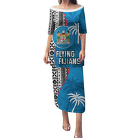 Custom Fiji Rugby Puletasi Coat of Arms Palm Tree Mix Polynesia Tapa Pattern LT03 Long Dress Blue - Polynesian Pride