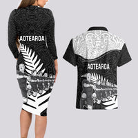 New Zealand World Cup 2023 Couples Matching Long Sleeve Bodycon Dress and Hawaiian Shirt Aotearoa Haka Rugby with Silver Fern Maori Ethnic Pattern LT03 - Polynesian Pride