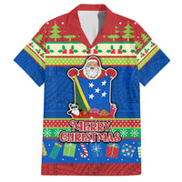 Solomon Islands Christmas Family Matching Off Shoulder Maxi Dress and Hawaiian Shirt Santa With Flag Of Solomon Polynesian Tribal Xmas Vibe LT03 Dad's Shirt - Short Sleeve Blue - Polynesian Pride