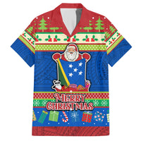 Personalised Solomon Islands Christmas Family Matching Short Sleeve Bodycon Dress and Hawaiian Shirt Santa With Flag Of Solomon Polynesian Tribal Xmas Vibe LT03 Dad's Shirt - Short Sleeve Blue - Polynesian Pride