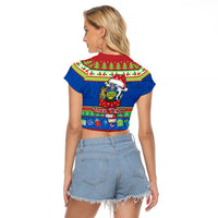 Personalised Solomon Islands Christmas Raglan Cropped T Shirt Santa With Flag Of Solomon Polynesian Tribal Xmas Vibe LT03 - Polynesian Pride