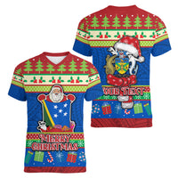 Personalised Solomon Islands Christmas Women V Neck T Shirt Santa With Flag Of Solomon Polynesian Tribal Xmas Vibe LT03 - Polynesian Pride