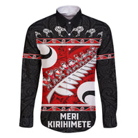 Personalized New Zealand Christmas Family Matching Long Sleeve Bodycon Dress and Hawaiian Shirt Santa Haka Fern and Kiwi Bird Tino Rangatiratanga Maori Flag Style LT03 Dad's Shirt - Long Sleeve Black - Polynesian Pride