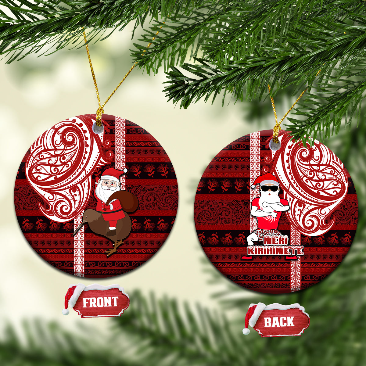 New Zealand Christmas Ceramic Ornament Santa Claus and Kiwi Bird Aotearoa Kiwiana Pattern LT03 Circle Red - Polynesian Pride