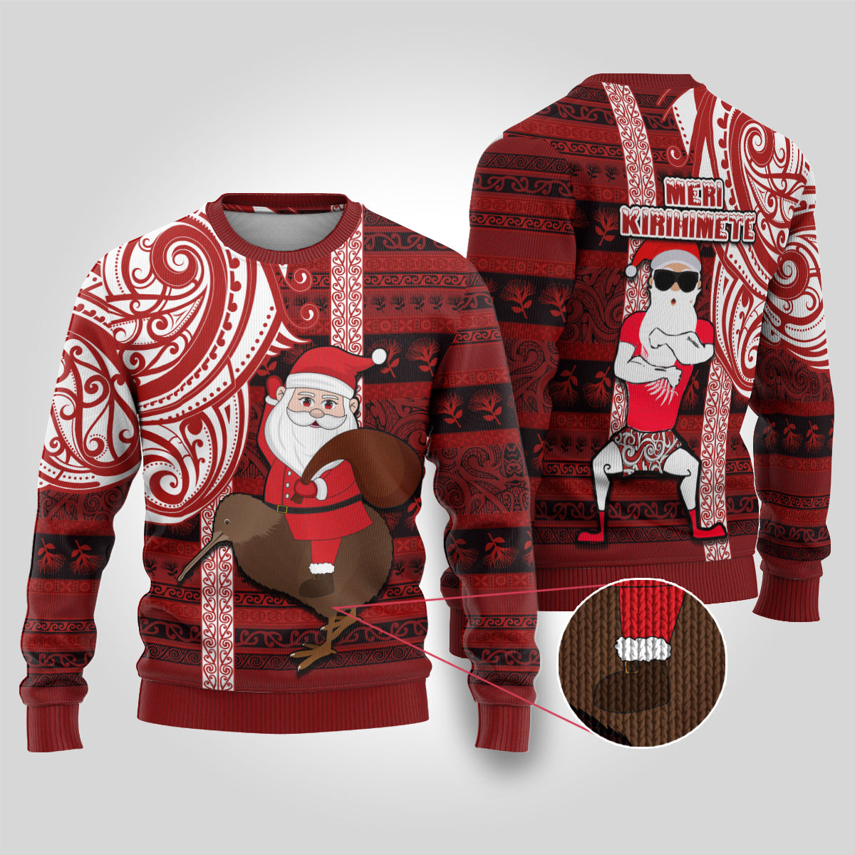 New Zealand Christmas Ugly Christmas Sweater Santa Claus and Kiwi Bird Aotearoa Kiwiana Pattern LT03 Red - Polynesian Pride
