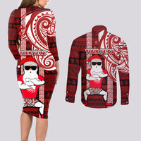 Personalized New Zealand Christmas Couples Matching Long Sleeve Bodycon Dress and Long Sleeve Button Shirt Santa Claus and Kiwi Bird Maori Tattoo Koru Pattern LT03 - Polynesian Pride