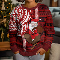 Personalized New Zealand Christmas Kid Ugly Christmas Sweater Santa Claus and Kiwi Bird Maori Tattoo Koru Pattern LT03 - Polynesian Pride