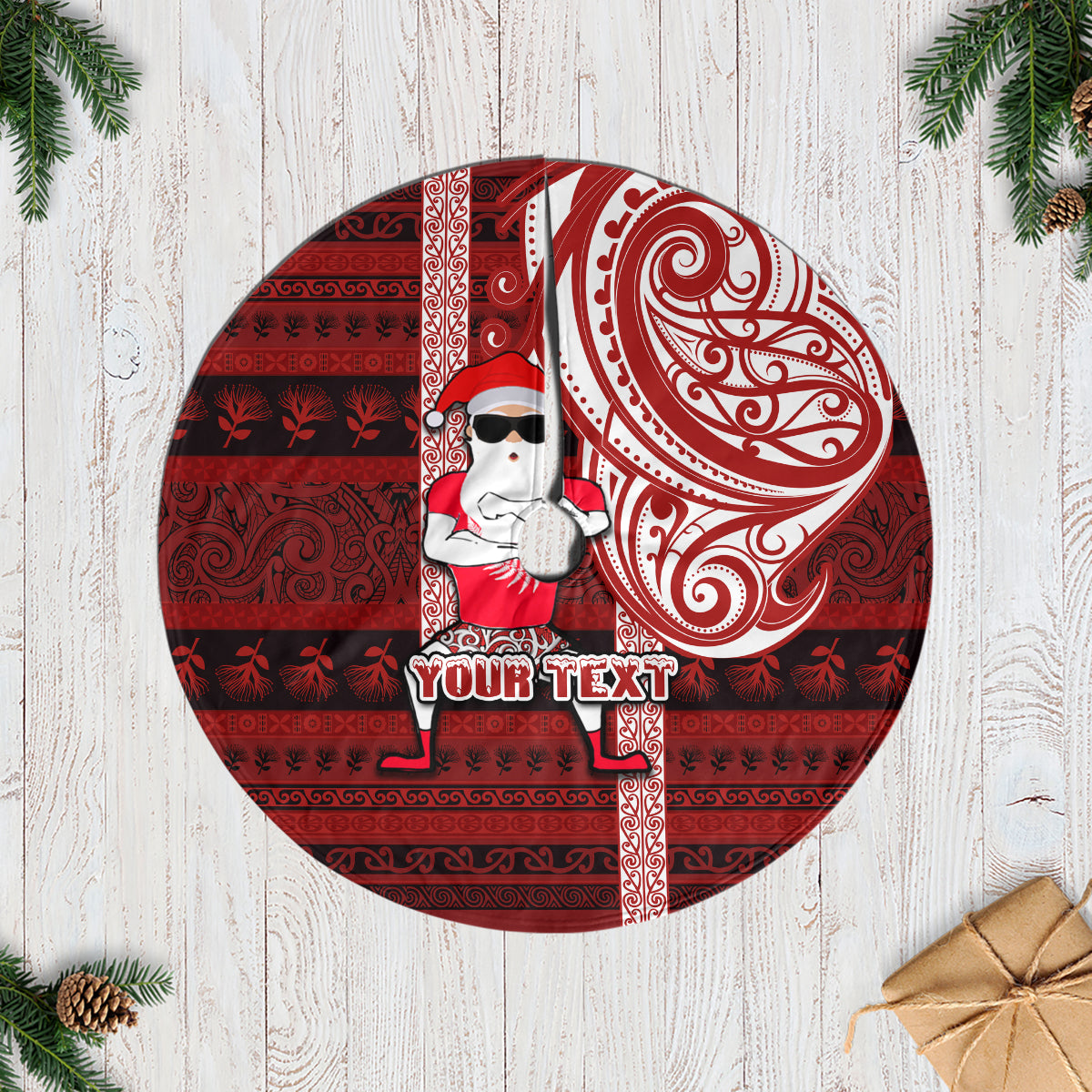Personalized New Zealand Christmas Tree Skirt Santa Claus and Kiwi Bird Maori Tattoo Koru Pattern LT03 Red - Polynesian Pride