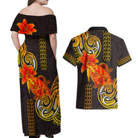 Hawaii Turtle Hibiscus Flower Couples Matching Off Shoulder Maxi Dress and Hawaiian Shirt Polynesian Tattoo LT03 - Polynesian Pride