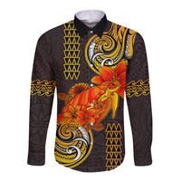 Hawaii Turtle Hibiscus Flower Long Sleeve Button Shirt Polynesian Tattoo LT03 Unisex Black - Polynesian Pride
