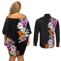 Hawaii Tropical Leaves and Flowers Couples Matching Off Shoulder Short Dress and Long Sleeve Button Shirt Tribal Polynesian Pattern LT03 - Polynesian Pride