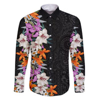 Hawaii Tropical Leaves and Flowers Family Matching Tank Maxi Dress and Hawaiian Shirt Tribal Polynesian Pattern LT03 Dad's Shirt - Long Sleeve Black - Polynesian Pride