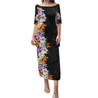 Hawaii Tropical Leaves and Flowers Puletasi Tribal Polynesian Pattern LT03 Long Dress Black - Polynesian Pride