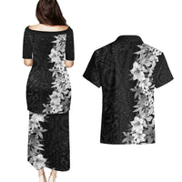Hawaii Tropical Leaves and Flowers Couples Matching Puletasi and Hawaiian Shirt Tribal Polynesian Pattern Black White Style LT03 - Polynesian Pride