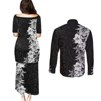 Hawaii Tropical Leaves and Flowers Couples Matching Puletasi and Long Sleeve Button Shirt Tribal Polynesian Pattern Black White Style LT03 - Polynesian Pride