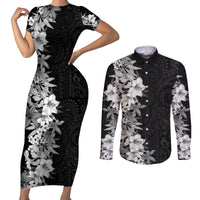Hawaii Tropical Leaves and Flowers Couples Matching Short Sleeve Bodycon Dress and Long Sleeve Button Shirt Tribal Polynesian Pattern Black White Style LT03 Black - Polynesian Pride