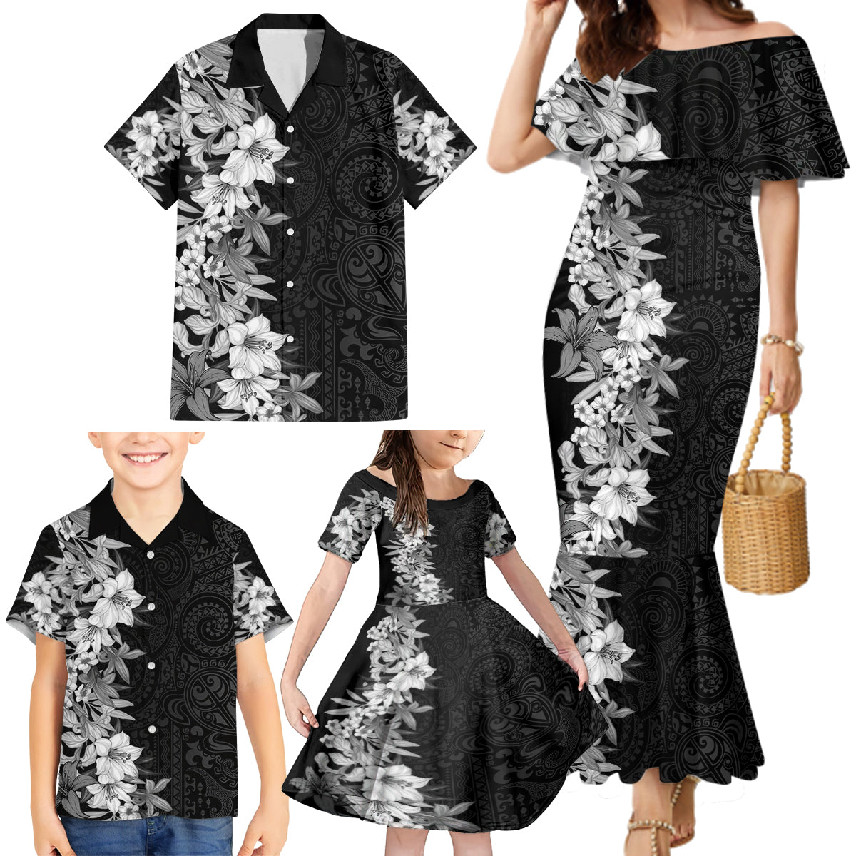 Hawaii Tropical Leaves and Flowers Family Matching Mermaid Dress and Hawaiian Shirt Tribal Polynesian Pattern Black White Style LT03 - Polynesian Pride