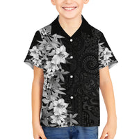 Hawaii Tropical Leaves and Flowers Kid Hawaiian Shirt Tribal Polynesian Pattern Black White Style LT03 Kid Black - Polynesian Pride