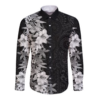 Hawaii Tropical Leaves and Flowers Long Sleeve Button Shirt Tribal Polynesian Pattern Black White Style LT03 Unisex Black - Polynesian Pride