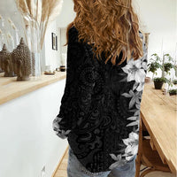 Hawaii Tropical Leaves and Flowers Women Casual Shirt Tribal Polynesian Pattern Black White Style LT03 - Polynesian Pride