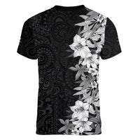Hawaii Tropical Leaves and Flowers Women V Neck T Shirt Tribal Polynesian Pattern Black White Style LT03 - Polynesian Pride