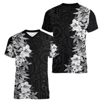 Hawaii Tropical Leaves and Flowers Women V Neck T Shirt Tribal Polynesian Pattern Black White Style LT03 - Polynesian Pride
