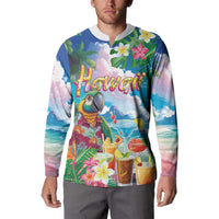 Hawaii Cocktails Button Sweatshirt Parrot with Cute Beach Landscape and Tropical Plants