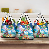 Hawaii Cocktails Grocery Bag Parrot with Cute Beach Landscape and Tropical Plants