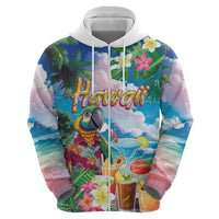 Hawaii Cocktails Hoodie Parrot with Cute Beach Landscape and Tropical Plants