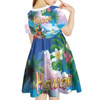 Hawaii Cocktails Kid Short Sleeve Dress Parrot with Cute Beach Landscape and Tropical Plants