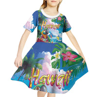 Hawaii Cocktails Kid Short Sleeve Dress Parrot with Cute Beach Landscape and Tropical Plants