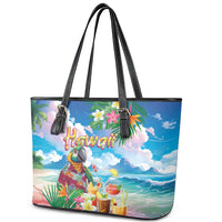 Hawaii Cocktails Leather Tote Bag Parrot with Cute Beach Landscape and Tropical Plants