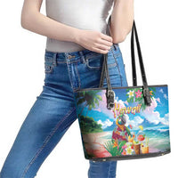 Hawaii Cocktails Leather Tote Bag Parrot with Cute Beach Landscape and Tropical Plants
