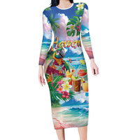 Hawaii Cocktails Long Sleeve Bodycon Dress Parrot with Cute Beach Landscape and Tropical Plants