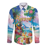 Hawaii Cocktails Long Sleeve Button Shirt Parrot with Cute Beach Landscape and Tropical Plants