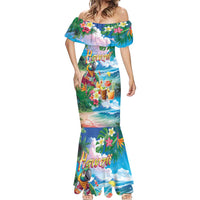 Hawaii Cocktails Mermaid Dress Parrot with Cute Beach Landscape and Tropical Plants