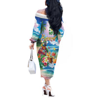Hawaii Cocktails Off The Shoulder Long Sleeve Dress Parrot with Cute Beach Landscape and Tropical Plants