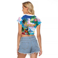 Hawaii Cocktails Raglan Cropped T Shirt Parrot with Cute Beach Landscape and Tropical Plants