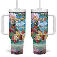 Hawaii Cocktails Tumbler With Handle Parrot with Cute Beach Landscape and Tropical Plants