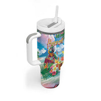 Hawaii Cocktails Tumbler With Handle Parrot with Cute Beach Landscape and Tropical Plants